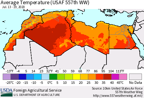 North Africa Average Temperature (USAF 557th WW) Thematic Map For 7/13/2020 - 7/19/2020