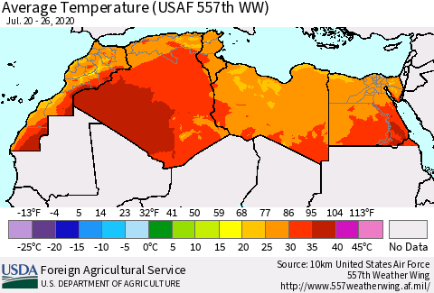 North Africa Average Temperature (USAF 557th WW) Thematic Map For 7/20/2020 - 7/26/2020