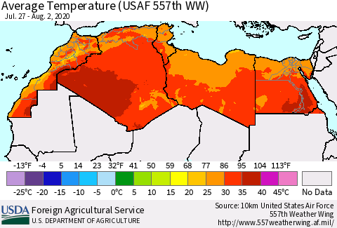 North Africa Average Temperature (USAF 557th WW) Thematic Map For 7/27/2020 - 8/2/2020