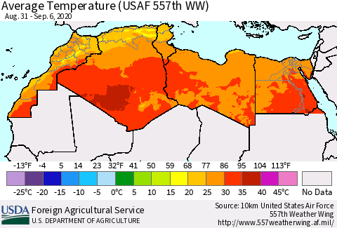 North Africa Average Temperature (USAF 557th WW) Thematic Map For 8/31/2020 - 9/6/2020