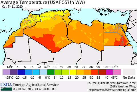 North Africa Average Temperature (USAF 557th WW) Thematic Map For 10/5/2020 - 10/11/2020