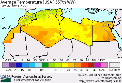 North Africa Average Temperature (USAF 557th WW) Thematic Map For 10/26/2020 - 11/1/2020