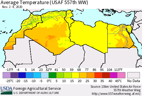 North Africa Average Temperature (USAF 557th WW) Thematic Map For 11/2/2020 - 11/8/2020