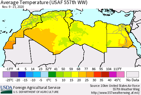 North Africa Average Temperature (USAF 557th WW) Thematic Map For 11/9/2020 - 11/15/2020