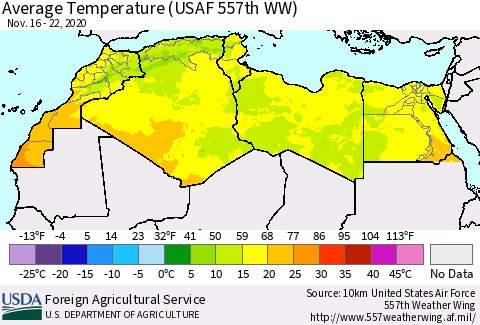 North Africa Average Temperature (USAF 557th WW) Thematic Map For 11/16/2020 - 11/22/2020