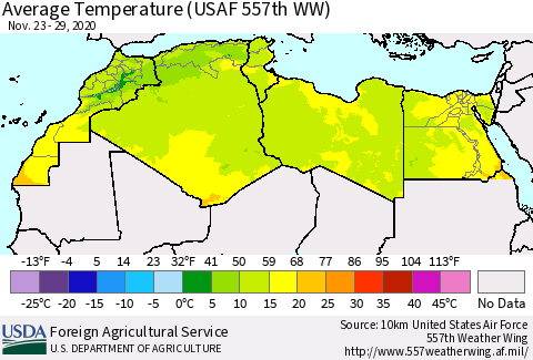 North Africa Average Temperature (USAF 557th WW) Thematic Map For 11/23/2020 - 11/29/2020