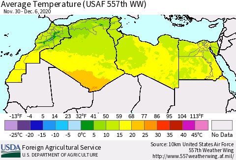North Africa Average Temperature (USAF 557th WW) Thematic Map For 11/30/2020 - 12/6/2020