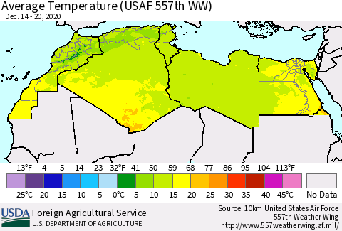 North Africa Average Temperature (USAF 557th WW) Thematic Map For 12/14/2020 - 12/20/2020
