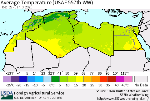 North Africa Average Temperature (USAF 557th WW) Thematic Map For 12/28/2020 - 1/3/2021