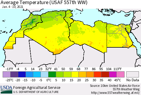 North Africa Average Temperature (USAF 557th WW) Thematic Map For 1/4/2021 - 1/10/2021
