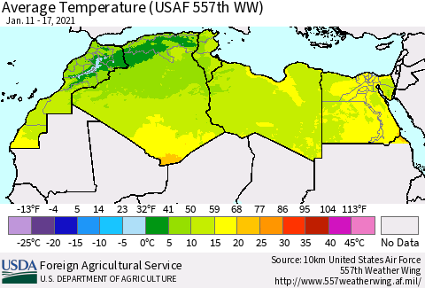 North Africa Average Temperature (USAF 557th WW) Thematic Map For 1/11/2021 - 1/17/2021