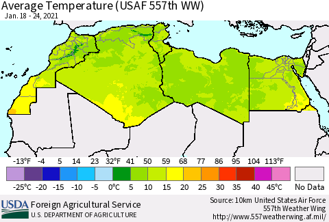 North Africa Average Temperature (USAF 557th WW) Thematic Map For 1/18/2021 - 1/24/2021