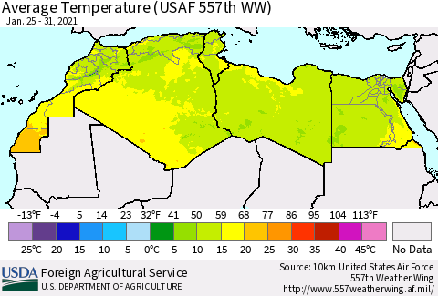 North Africa Average Temperature (USAF 557th WW) Thematic Map For 1/25/2021 - 1/31/2021