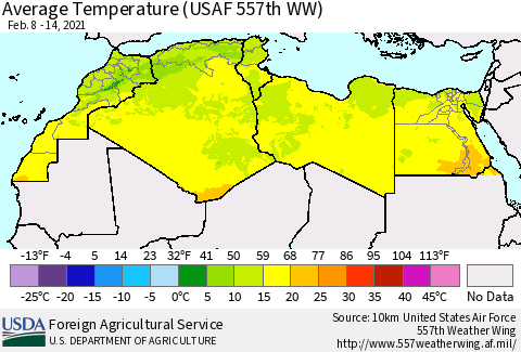 North Africa Average Temperature (USAF 557th WW) Thematic Map For 2/8/2021 - 2/14/2021