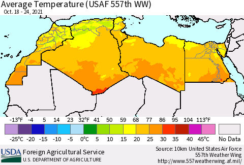 North Africa Average Temperature (USAF 557th WW) Thematic Map For 10/18/2021 - 10/24/2021
