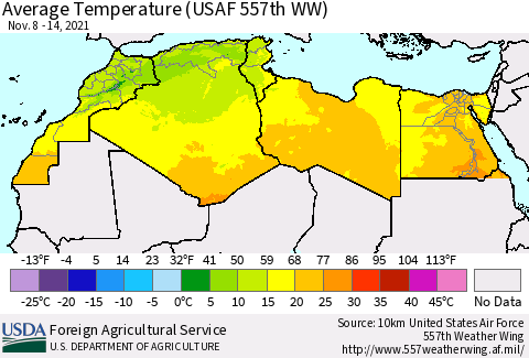 North Africa Average Temperature (USAF 557th WW) Thematic Map For 11/8/2021 - 11/14/2021