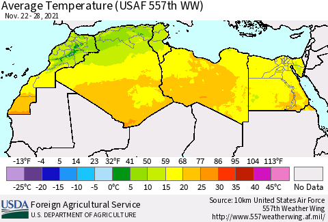 North Africa Average Temperature (USAF 557th WW) Thematic Map For 11/22/2021 - 11/28/2021
