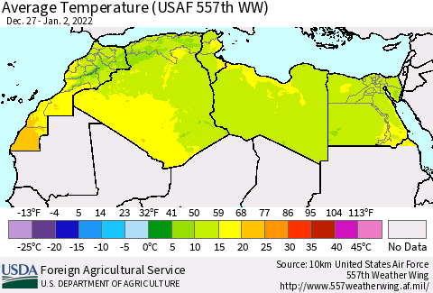 North Africa Average Temperature (USAF 557th WW) Thematic Map For 12/27/2021 - 1/2/2022