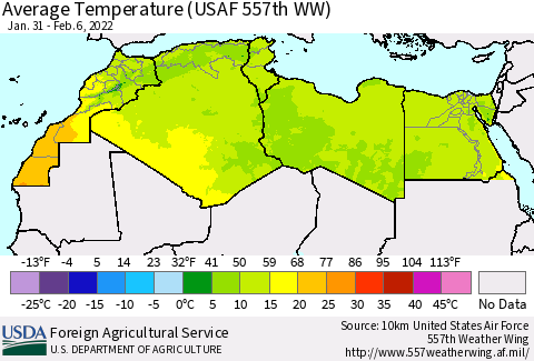 North Africa Average Temperature (USAF 557th WW) Thematic Map For 1/31/2022 - 2/6/2022