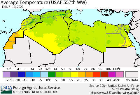 North Africa Average Temperature (USAF 557th WW) Thematic Map For 2/7/2022 - 2/13/2022