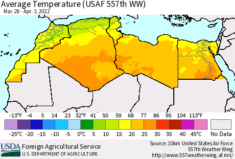 North Africa Average Temperature (USAF 557th WW) Thematic Map For 3/28/2022 - 4/3/2022