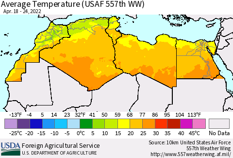 North Africa Average Temperature (USAF 557th WW) Thematic Map For 4/18/2022 - 4/24/2022