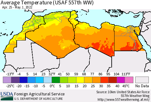 North Africa Average Temperature (USAF 557th WW) Thematic Map For 4/25/2022 - 5/1/2022