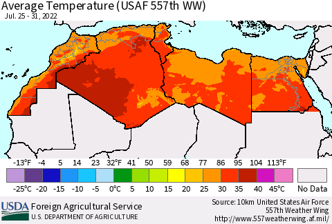 North Africa Average Temperature (USAF 557th WW) Thematic Map For 7/25/2022 - 7/31/2022