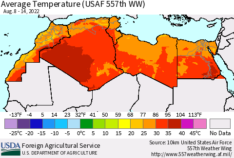 North Africa Average Temperature (USAF 557th WW) Thematic Map For 8/8/2022 - 8/14/2022