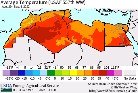 North Africa Average Temperature (USAF 557th WW) Thematic Map For 8/29/2022 - 9/4/2022