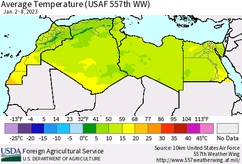 North Africa Average Temperature (USAF 557th WW) Thematic Map For 1/2/2023 - 1/8/2023
