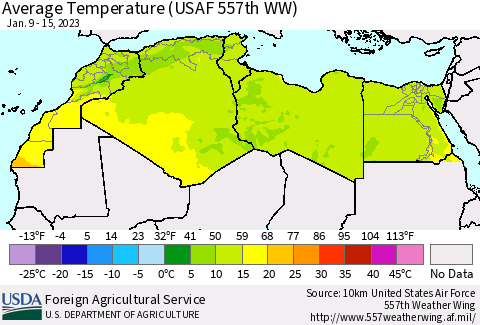 North Africa Average Temperature (USAF 557th WW) Thematic Map For 1/9/2023 - 1/15/2023