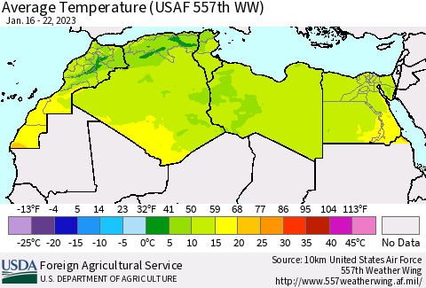 North Africa Average Temperature (USAF 557th WW) Thematic Map For 1/16/2023 - 1/22/2023