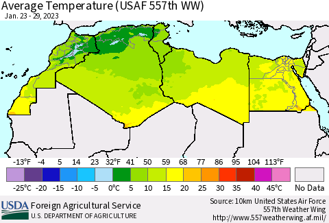 North Africa Average Temperature (USAF 557th WW) Thematic Map For 1/23/2023 - 1/29/2023