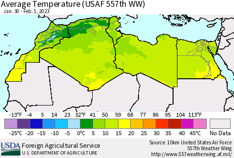 North Africa Average Temperature (USAF 557th WW) Thematic Map For 1/30/2023 - 2/5/2023