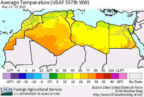 North Africa Average Temperature (USAF 557th WW) Thematic Map For 3/13/2023 - 3/19/2023