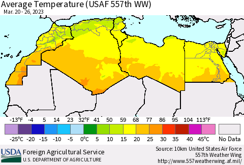 North Africa Average Temperature (USAF 557th WW) Thematic Map For 3/20/2023 - 3/26/2023
