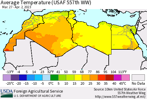 North Africa Average Temperature (USAF 557th WW) Thematic Map For 3/27/2023 - 4/2/2023