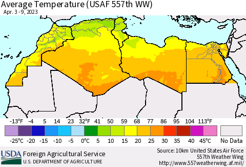 North Africa Average Temperature (USAF 557th WW) Thematic Map For 4/3/2023 - 4/9/2023