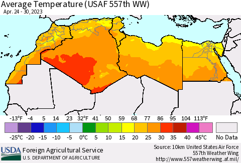 North Africa Average Temperature (USAF 557th WW) Thematic Map For 4/24/2023 - 4/30/2023