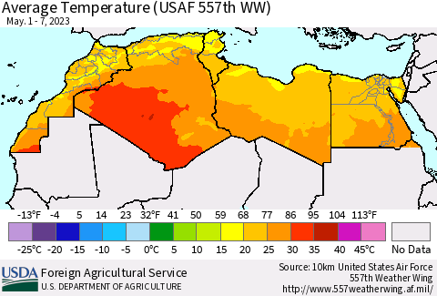 North Africa Average Temperature (USAF 557th WW) Thematic Map For 5/1/2023 - 5/7/2023