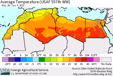 North Africa Average Temperature (USAF 557th WW) Thematic Map For 5/29/2023 - 6/4/2023