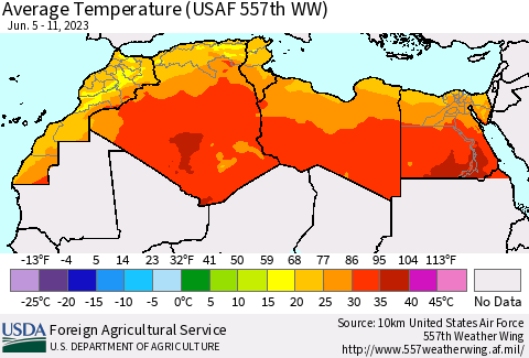 North Africa Average Temperature (USAF 557th WW) Thematic Map For 6/5/2023 - 6/11/2023