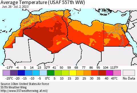 North Africa Average Temperature (USAF 557th WW) Thematic Map For 6/26/2023 - 7/2/2023