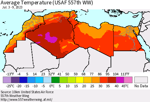 North Africa Average Temperature (USAF 557th WW) Thematic Map For 7/3/2023 - 7/9/2023