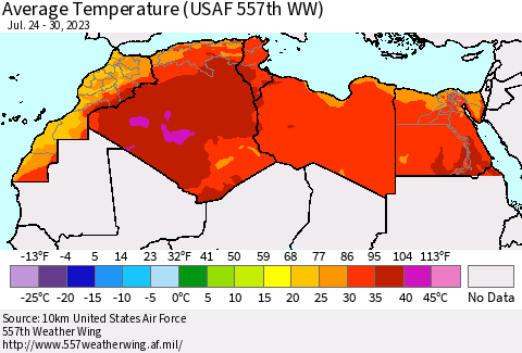 North Africa Average Temperature (USAF 557th WW) Thematic Map For 7/24/2023 - 7/30/2023