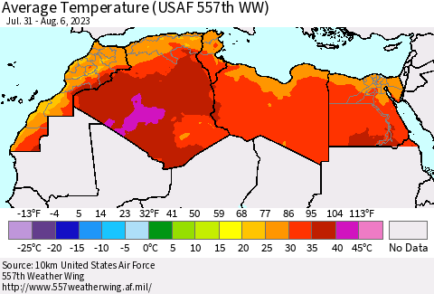 North Africa Average Temperature (USAF 557th WW) Thematic Map For 7/31/2023 - 8/6/2023