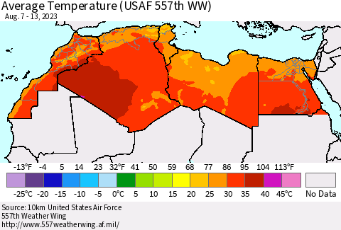 North Africa Average Temperature (USAF 557th WW) Thematic Map For 8/7/2023 - 8/13/2023