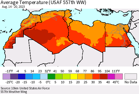 North Africa Average Temperature (USAF 557th WW) Thematic Map For 8/14/2023 - 8/20/2023