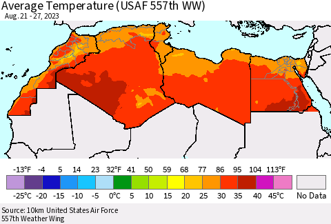 North Africa Average Temperature (USAF 557th WW) Thematic Map For 8/21/2023 - 8/27/2023